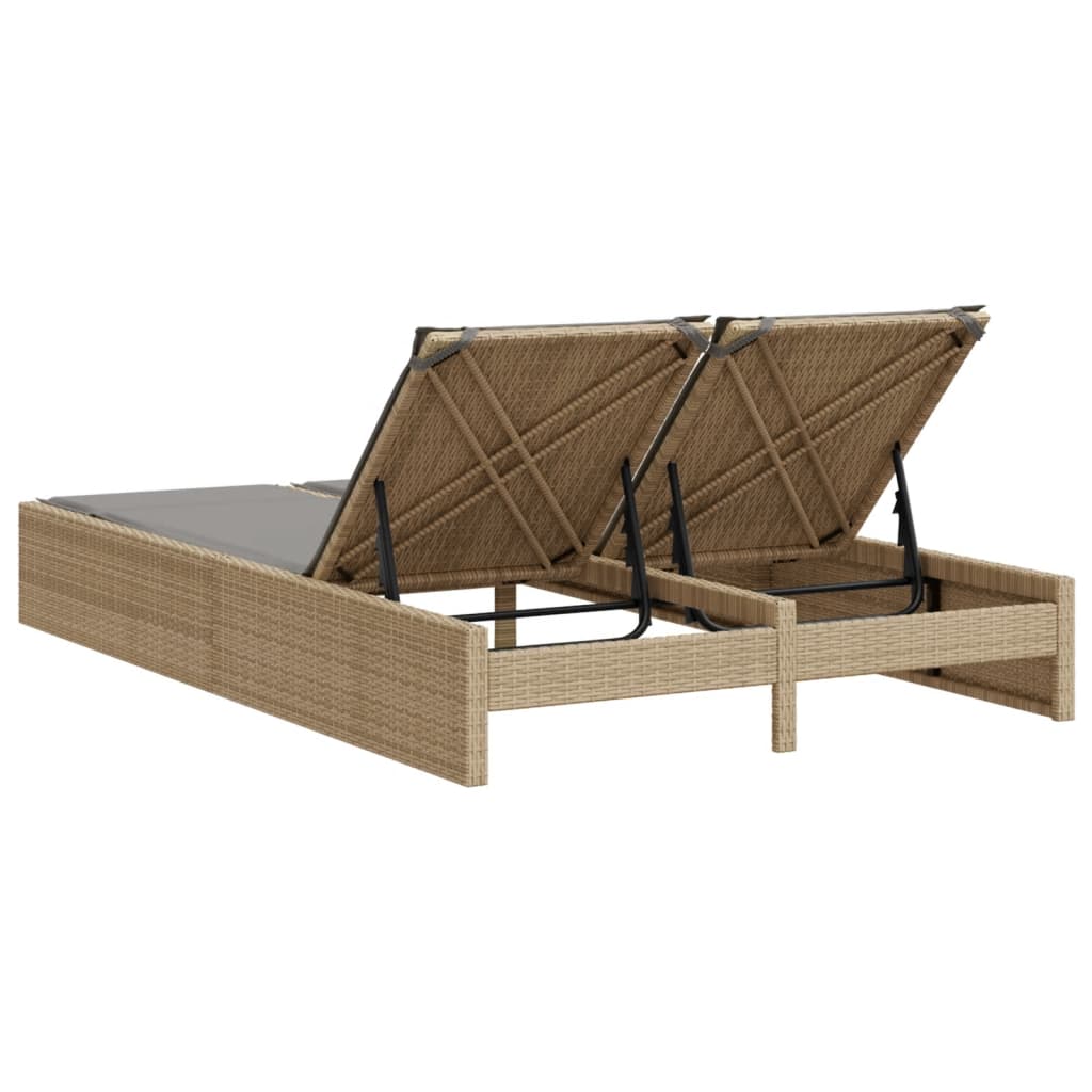 Double Sun Lounger with Cushions Beige Poly Rattan