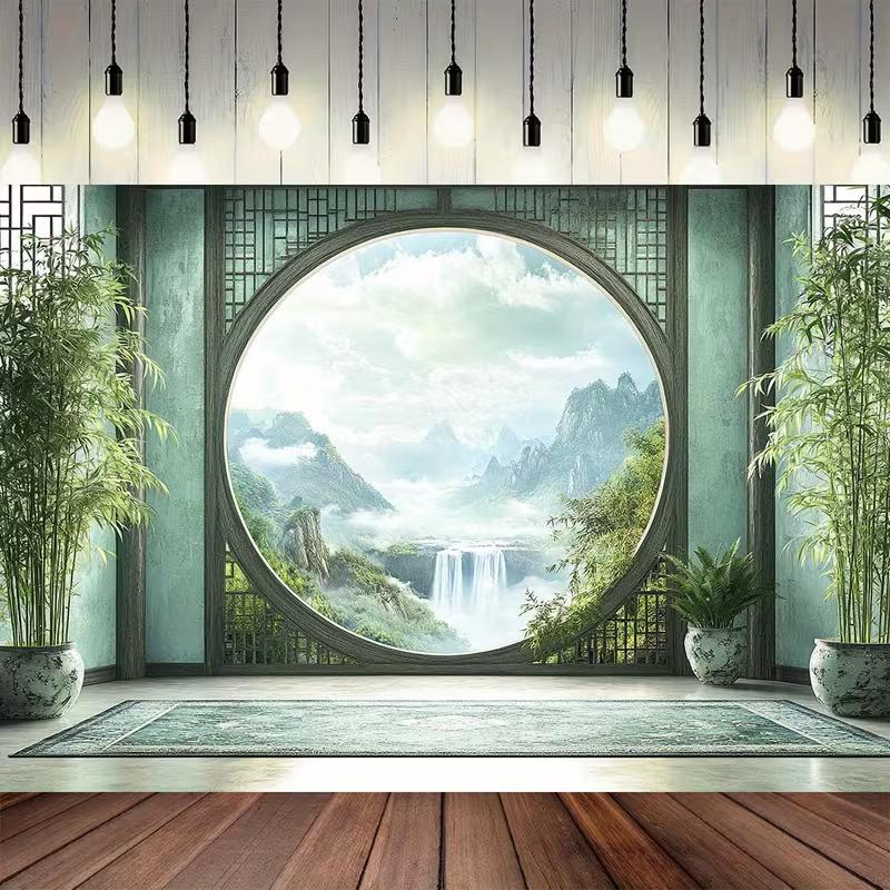 2D Oriental Bamboo and Misty Mountain Backdrop Photography Background Banner