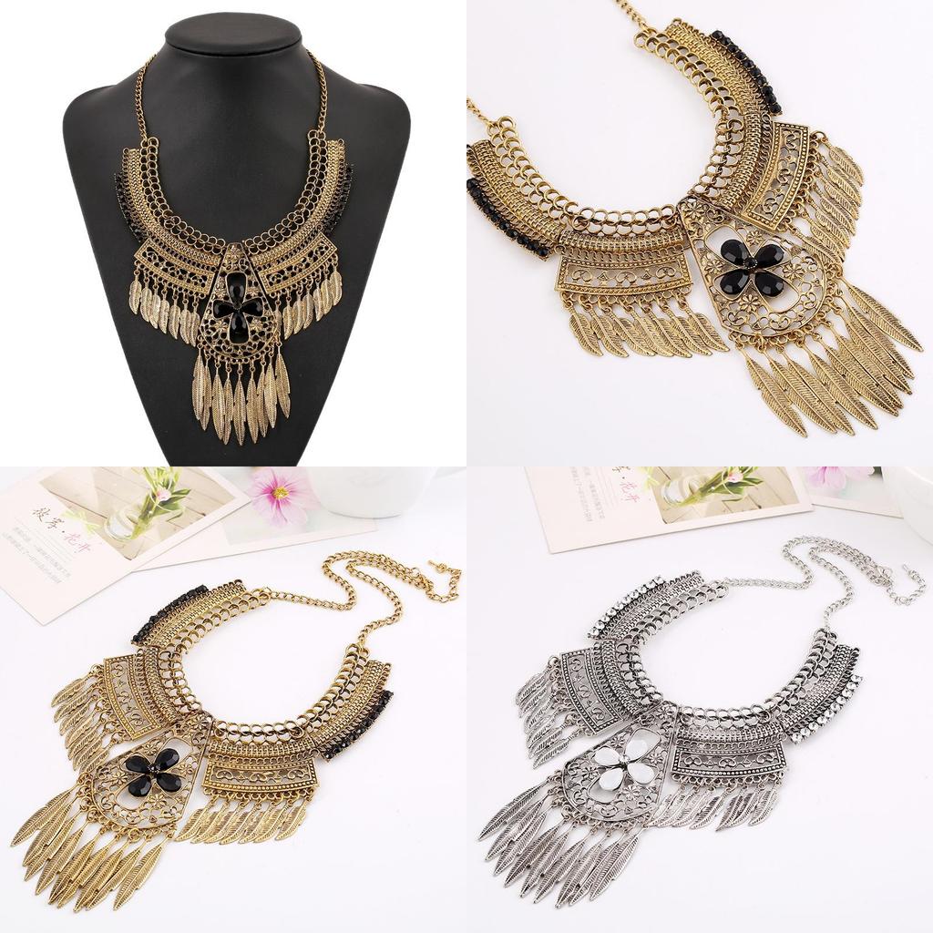 Qw Vintage European Designer Necklace With Hollow Flower Pattern And Leaf Tassel For Gift And Travel Souvenir