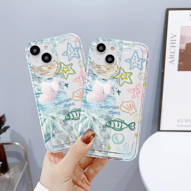 Splicing Ocean Fish Suitable for iPhone17ProMax Mobile Phone Case Apple 16 Large Hole 14/13 New Ins Wind