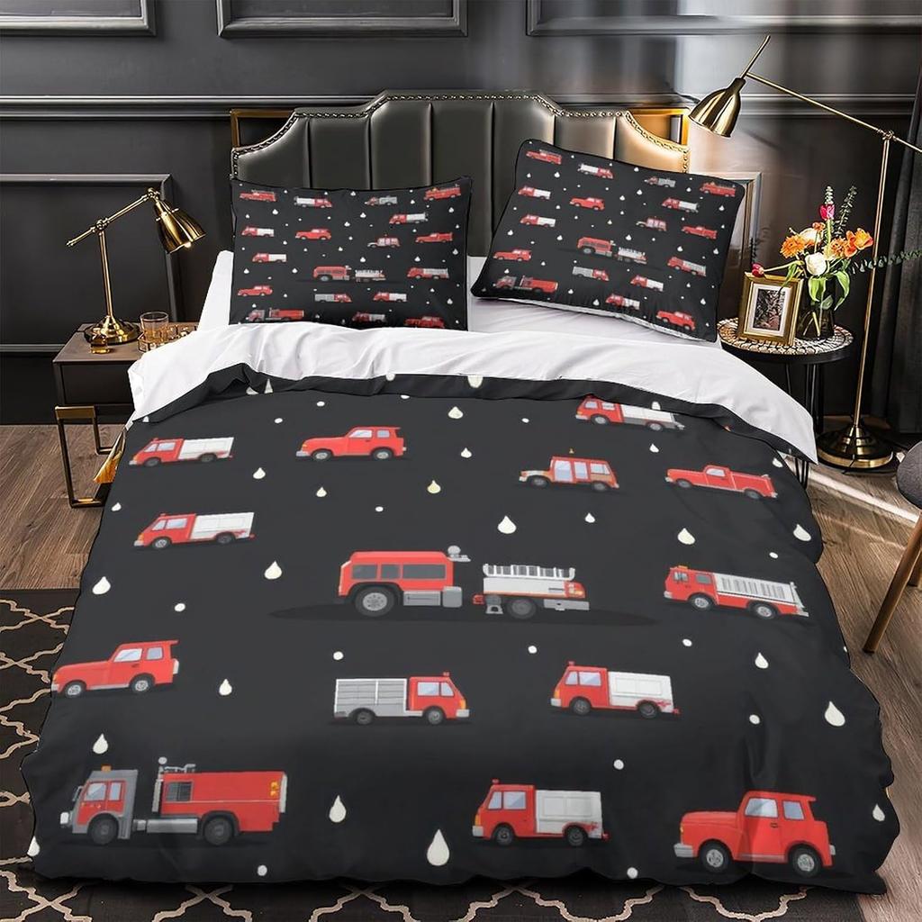 3D Printed Firetruck Quilt Cover, Soft Microfiber Duvet Cover with Hidden Zipper and Pillowcase, Breathable, Machine Washable