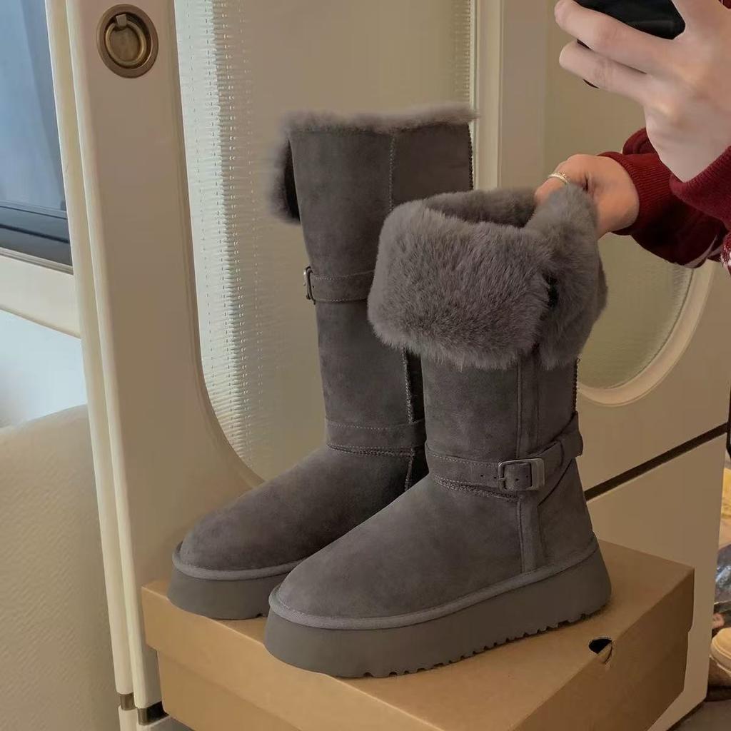 Ruoji@2025 nya tjockbottnade plyschförtjockade varma bomullsskor medel- och långa snöstövlar damvintermodeller