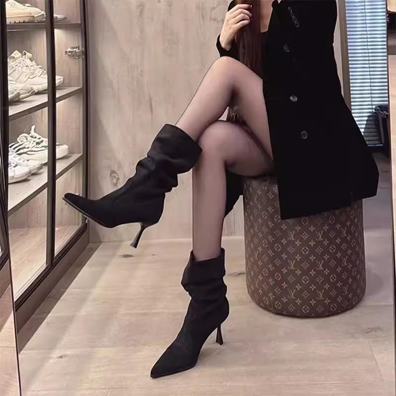 2025 Autumn and Winter New Pointed Short Boots Women's Thin Heel Suede Medium Tube Stacking Boots High Heel Elastic Thin Boots Martin Boots