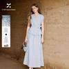 Women's Light Blue Round Neck Shirt & Skirt Set