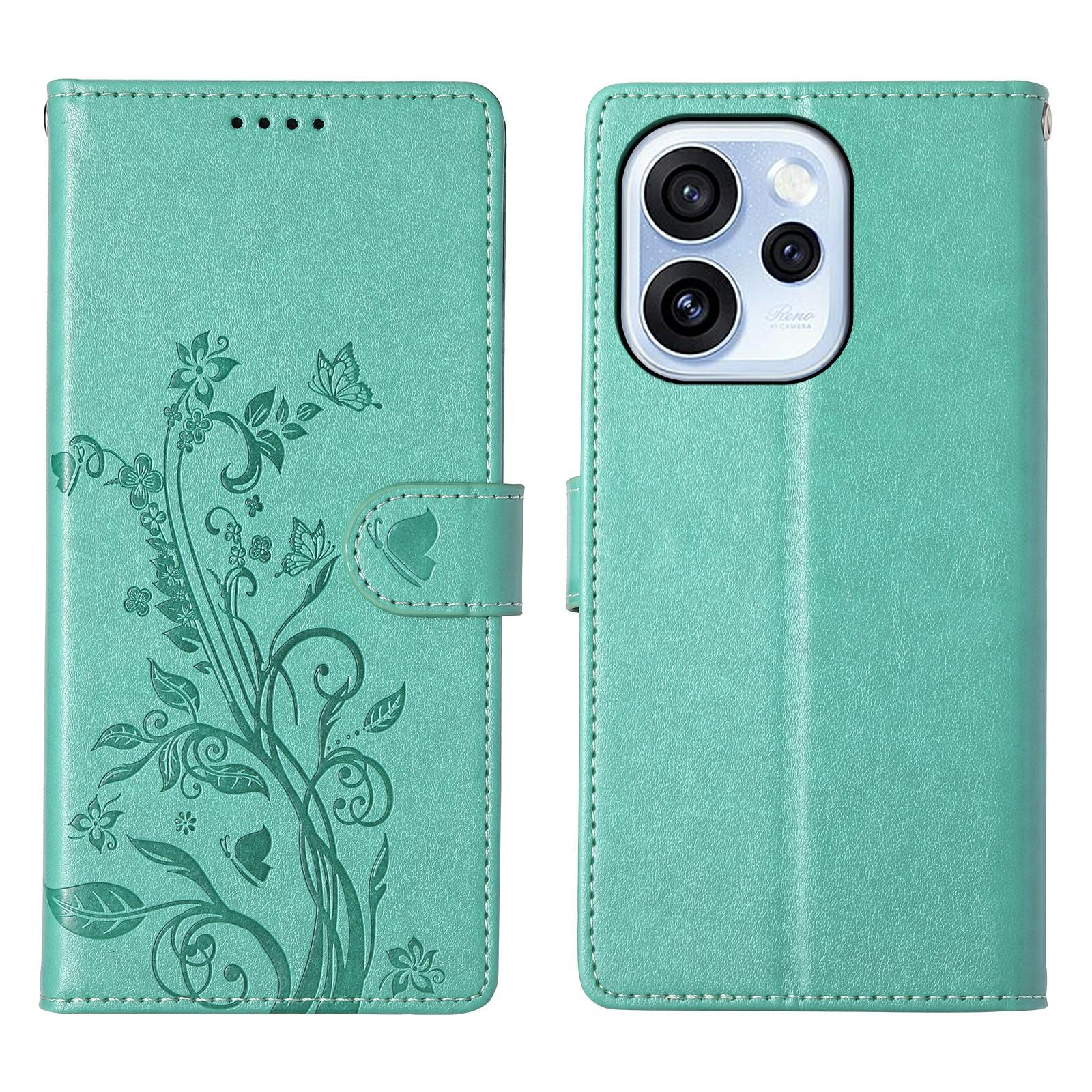 

For Oppo Reno15 F 5G Wallet Case Butterfly Floral Imprint PU Leather Phone Cover with Wrist Strap