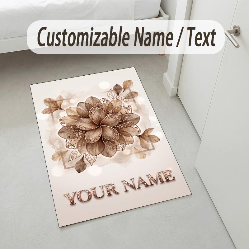 Floral Garden Theme Crystal Velvet Rug Personalized Custom Name Text Soft Floor Mat Home Decor