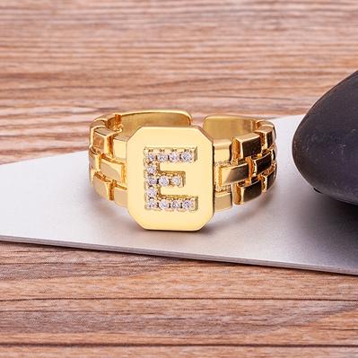 New Arrival Fashion Gold Color Initial Ring Open Design Adjustable Hot Sale Watchband Chain A-Z Letters Zircon Rings For Women