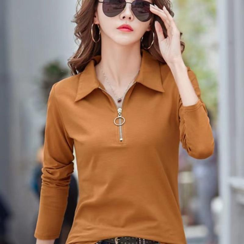 Women's Polo Collar Tees Half-Zip T-Shirts Long-Sleeve Top