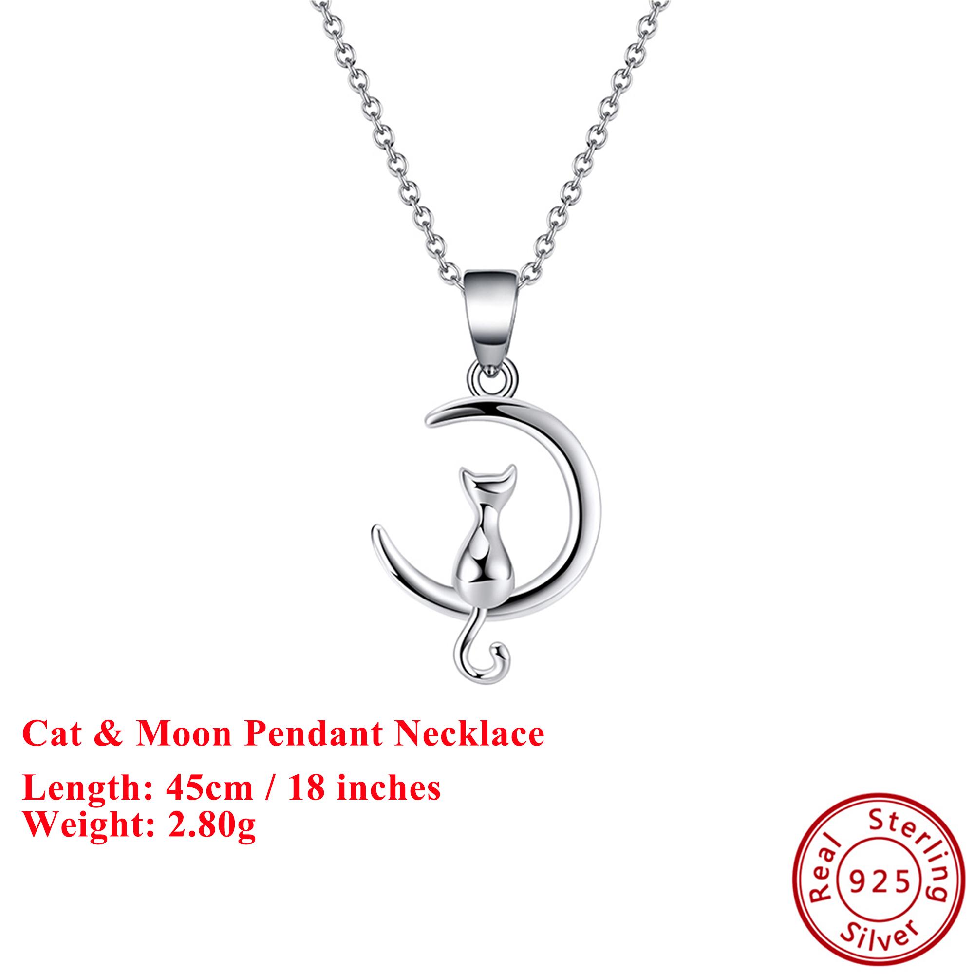 

Effie Queen 925 Sterling Silver Moon & Cat Pendant Necklace Romantic Jewelry for Women, Girl Birthdays Party Banquet Gift SN271