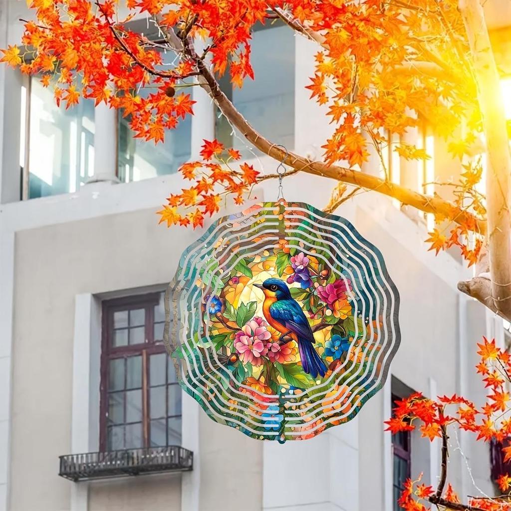 Vibrant Hummingbird & Floral 3D Stainless Steel Wind Spinner - 19.99cm Colorful Metal Sculpture for Indoor/Outdoor Garden Decoration, Battery-Free