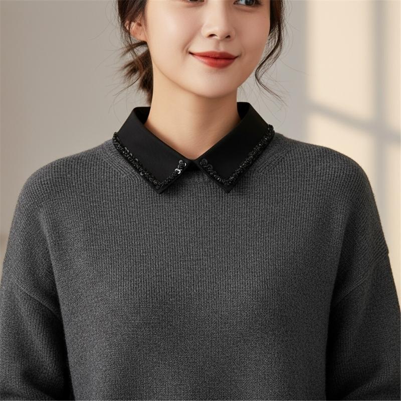 Japanese Style Fake Collar For Shirts Removable Rhinestones Decorated Polyester Fashion Accessory