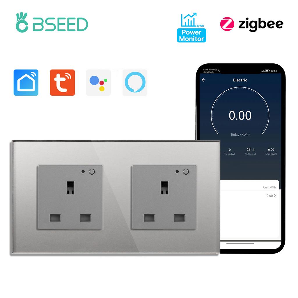 BSEED Zigbee Single UK Smart Socket Double Intelligent Wall Sockets Triple Electric Outlets Tuya Smart Life Alexa Control 13A
