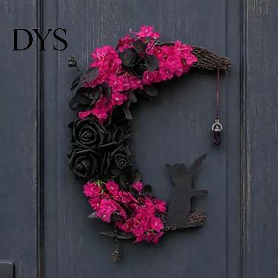 Halloween Moon Wreath Black Cat Wreath, Gothic Crescent Grapevine with Indoor Dark Theme Soft Furnishings Rose Flowers, Spooky Front Door Hanging
