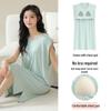 2026 Women's Spring/Summer Blue Nightgown with Built-in Bra, Short Sleeves, Round Neck, Casual Homewear Style