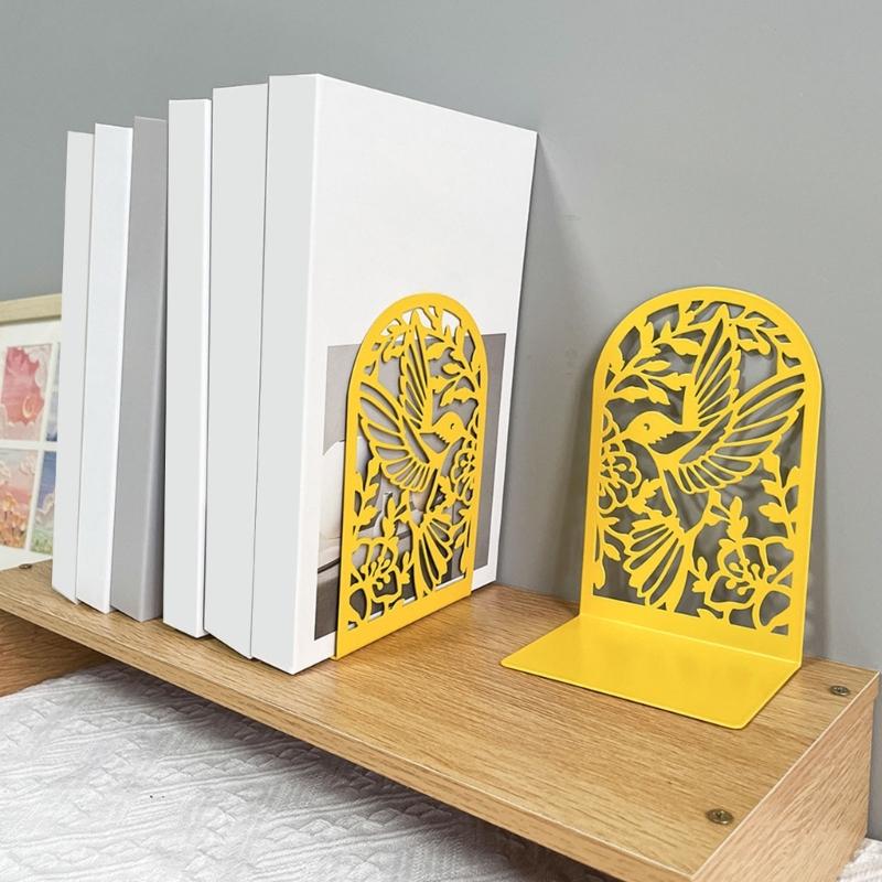 2Pcs Book Ends for Shelves Hollowed Bird Flower Metal Bookends Heavy Duty Book End Decorative Book Stoppers for Shelves