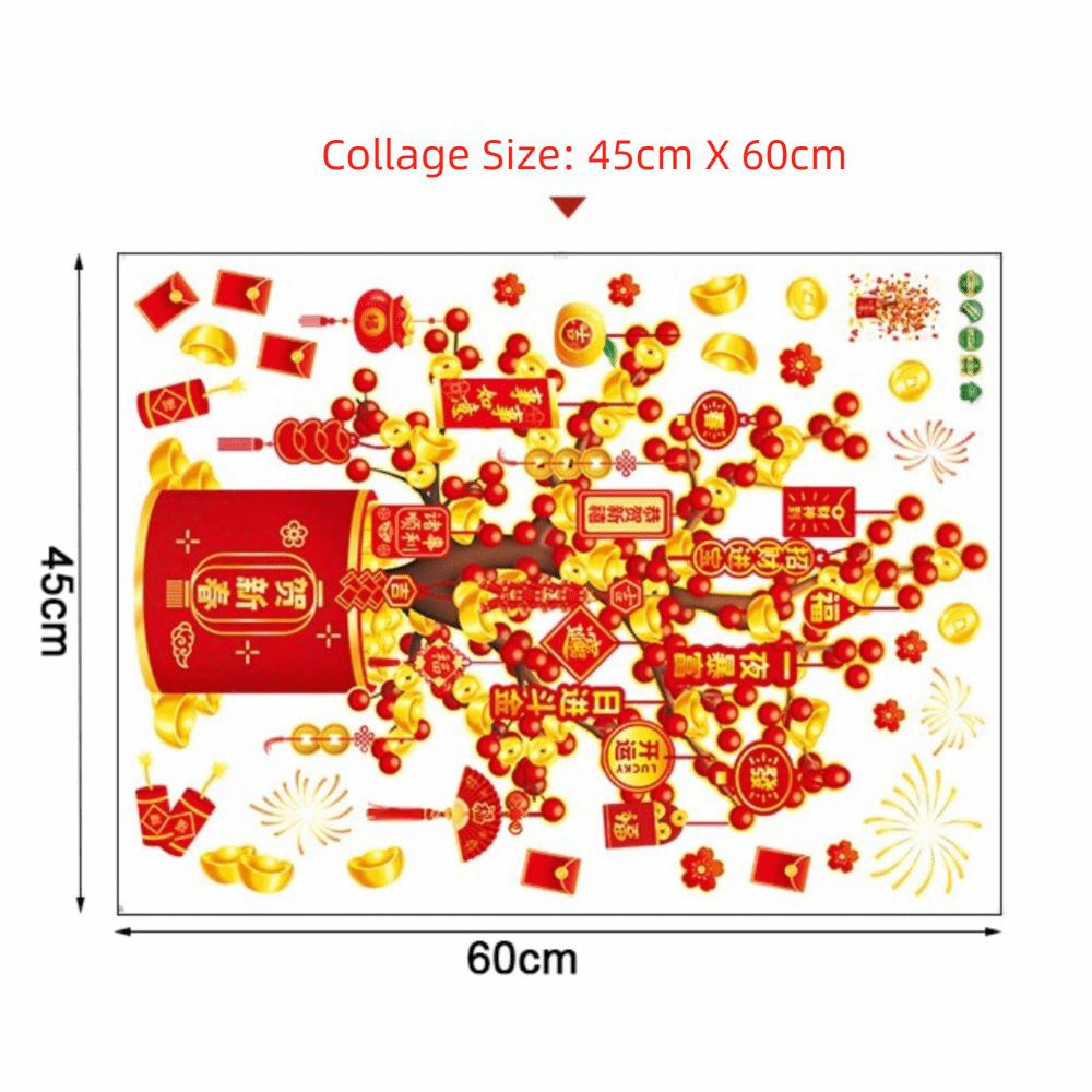 PVC Fortune Tree Sticker Electrostatic Cling Red Fortune Blessing Window Decoration Clings Static Cling Removable