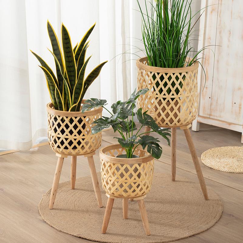 Nordic Style Bamboo Woven Plant Basket - Rattan Balcony Pothos Stand