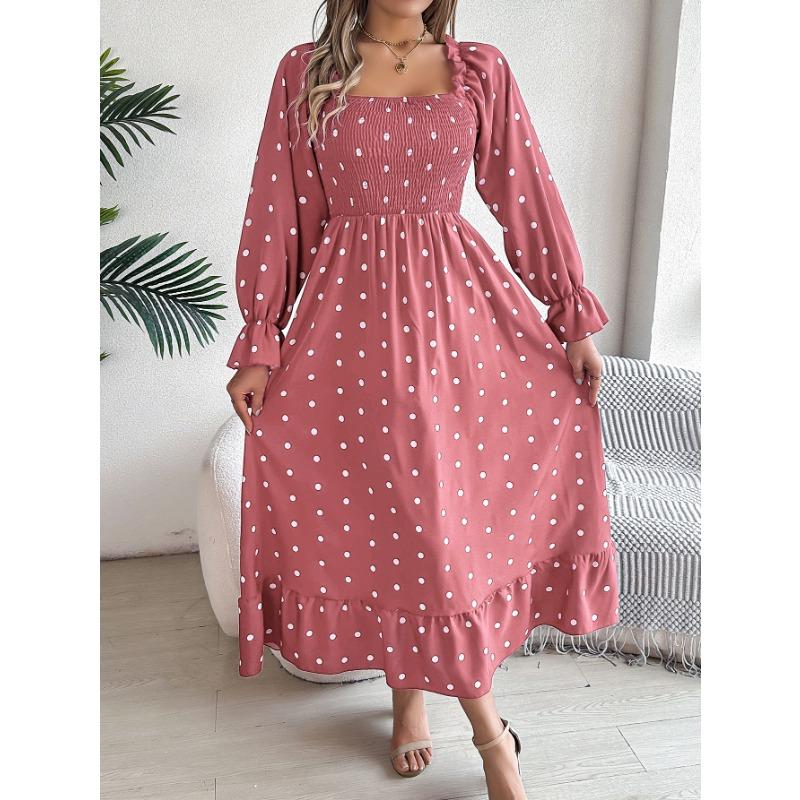 Women Casual European American Polka Dot Ruffled Square Neck Long Sleeve Flared Maxi Dress