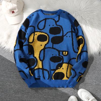 Herbst und Winter Süßer Hund Jacquard Doppelseitiges Muster Pullover Strickpullover Lässiger Rundhalsausschnitt Strick Herren Pullover Lässiger Rundhalsausschnitt