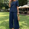 Fashion Casual Loose Two-piece Short-sleeved Top and Loose Wide-leg Pants for Women