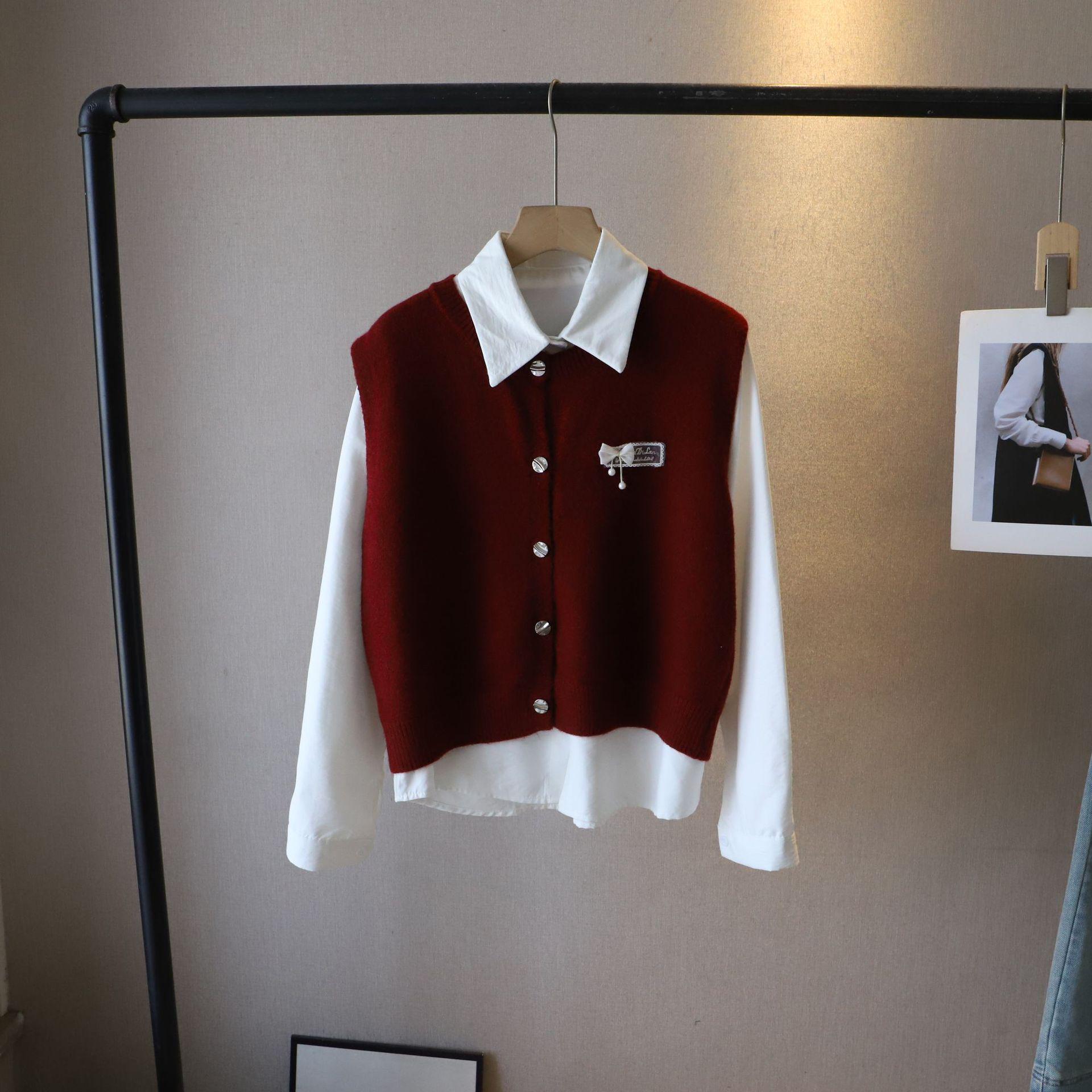 

2025 New Korean Style Bow Knit Vest & Long Sleeve Shirt Set for Women One Size червоний/білий