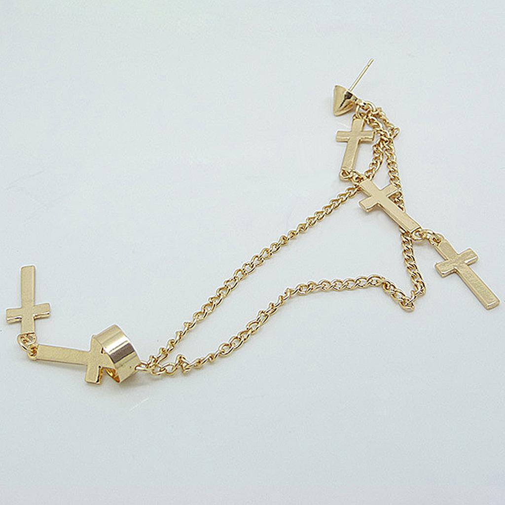 Gothic Punk Cross Lång Tofs Kedja Ear Cuff Stud Clip Örhängen Modesmycken