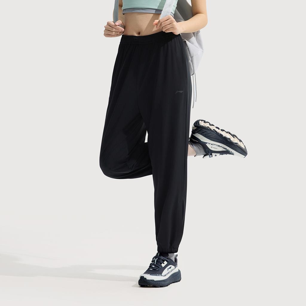 Li Ning Fitness Series Casual Simple Solid Color Ice Silk Quick-Dry Cool Anti-Ultraviolet Cuffed Elastic Knitted Sports Pants Women bottoms AKYV196-1