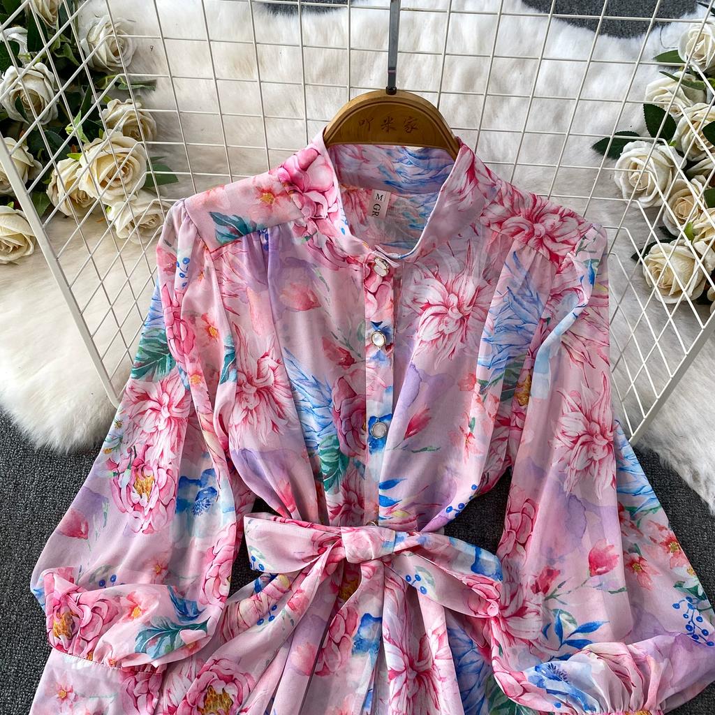 Spring Autumn Vintage Hydrangea Print  Long Sleeve Short Dress for Women Fashion Stand Collar Belt Slimming Ruffles Splice Mini Dress