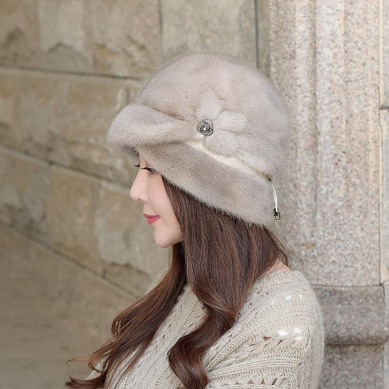 New mink fur hat, whole real mink fur, women's winter warm ear protectors, short edge sun top hat