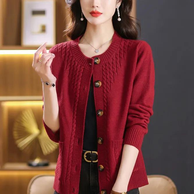 Women's Loose-fitting Round Neck Cardigan Sweater, Plain Color, Soft Knit Jacket
