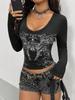 Haut ajusté à manches longues et col rond, imprimé « Spicy Girl » style Y2K