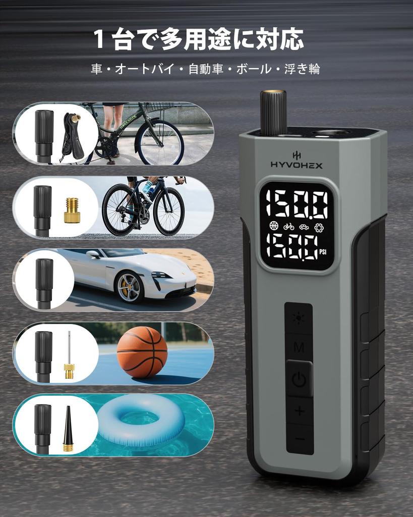 HYVOHEX Electric Bicycle Air Pump, Cordless, Fast Inflation in 1 Minute, 5200mAh High-Capacity Battery, Compatible with Presta/Schrader/American Valve