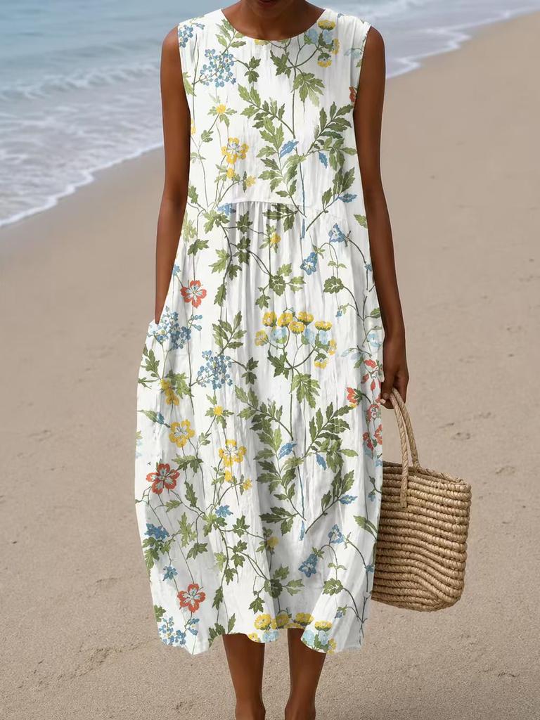 Sleeveless dress 26 new shrink pleated large version loose casual round neck digital printing - bamboo hemp