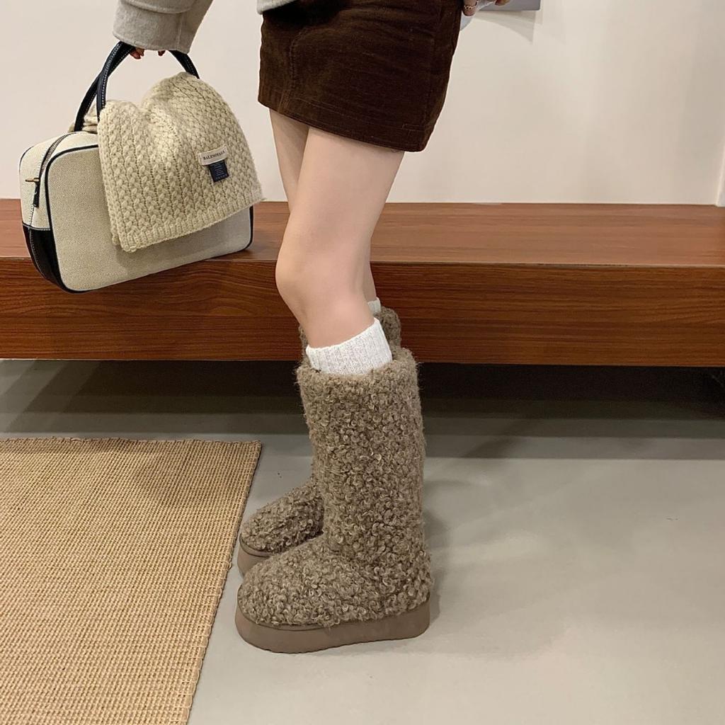 2025 Autumn and Winter New Tall Lamb Wool Thin Commuting Thick-soled Warm Women's Boots
