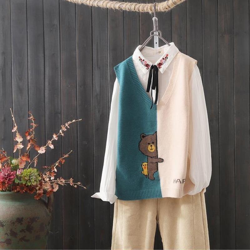 

Весенне-осенний новый простой вязаный жилет в тон, женский свободный вязаный свитер с диким v-образным вырезом и мультяшным узором One Size синий