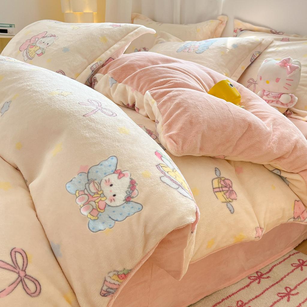 Verdicktes Milchfleece Vierteiliges Set Mädchenherz Korallenfleece Bettlaken Bettbezug Bettwäsche Fleece Bettbezug