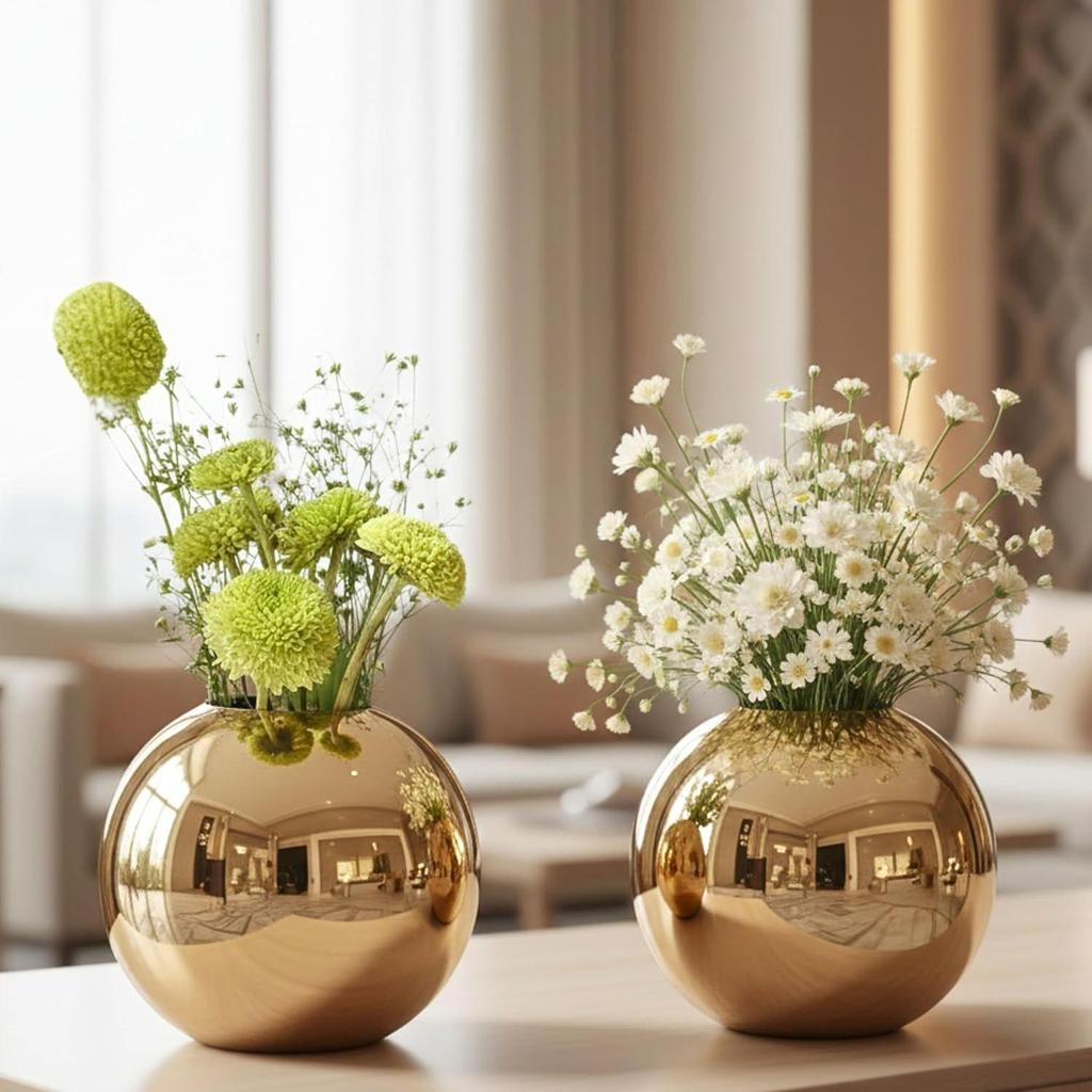 Metal Ball Round Metal Vase Set of 2 for Home Décor Decorative Flower Pot for Valentine’s Day