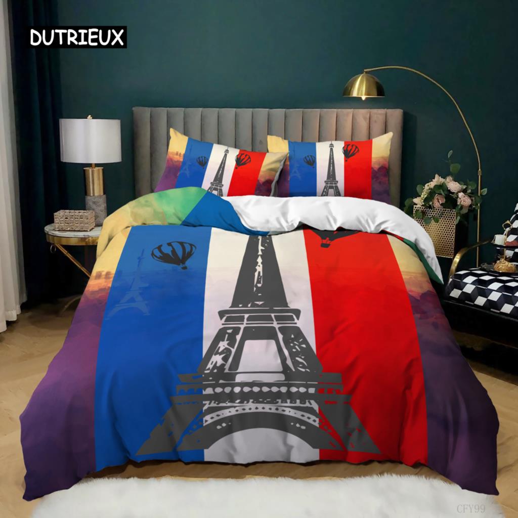 Eiffel Tower Duvet Cover Set King Paris Eiffel Tower Blue White Red Bedding Set Polyester World Famous Architectural Quilt Cover