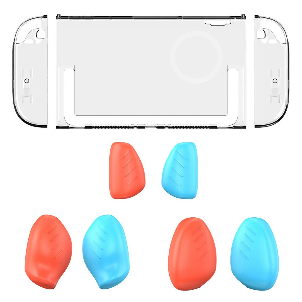 Switch 2 Transparent Case with 6 Interchangeable Grip Covers (3 Thickness Sets) - Anti-Slip Texture, Magnetic & Dock Compatible