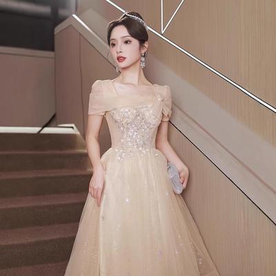 Champagne Evening Gown for Petite Women - Birthday, Elegant, Luxury, Host, Daily Wear