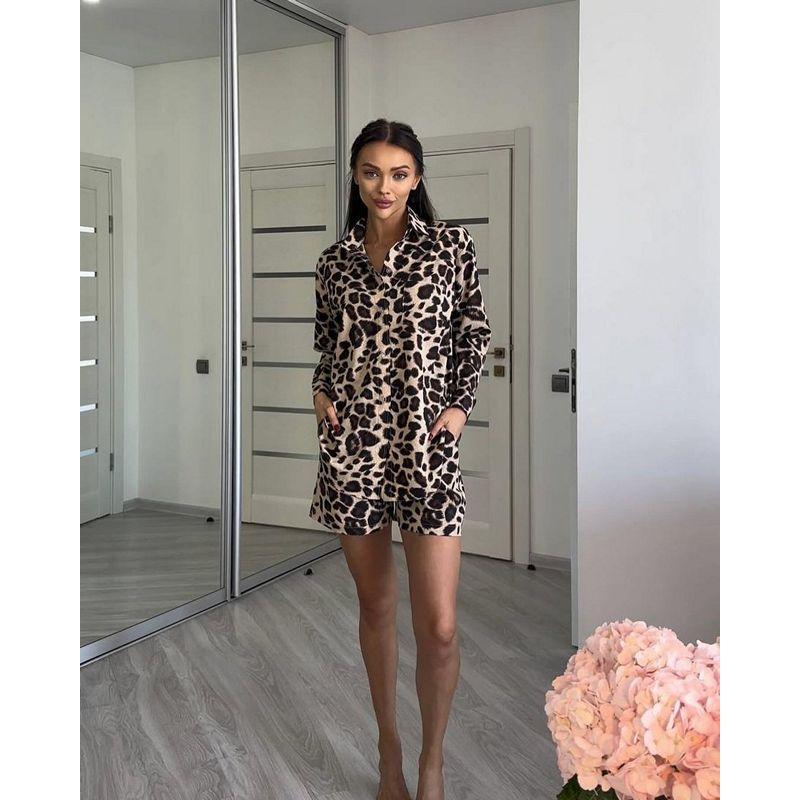 Sommer Europäischer und Amerikanischer Anzug Damen Leopardenmuster Langarm Strickjacke Hemd Damen Shorts Amazon Damen Zweiteiler