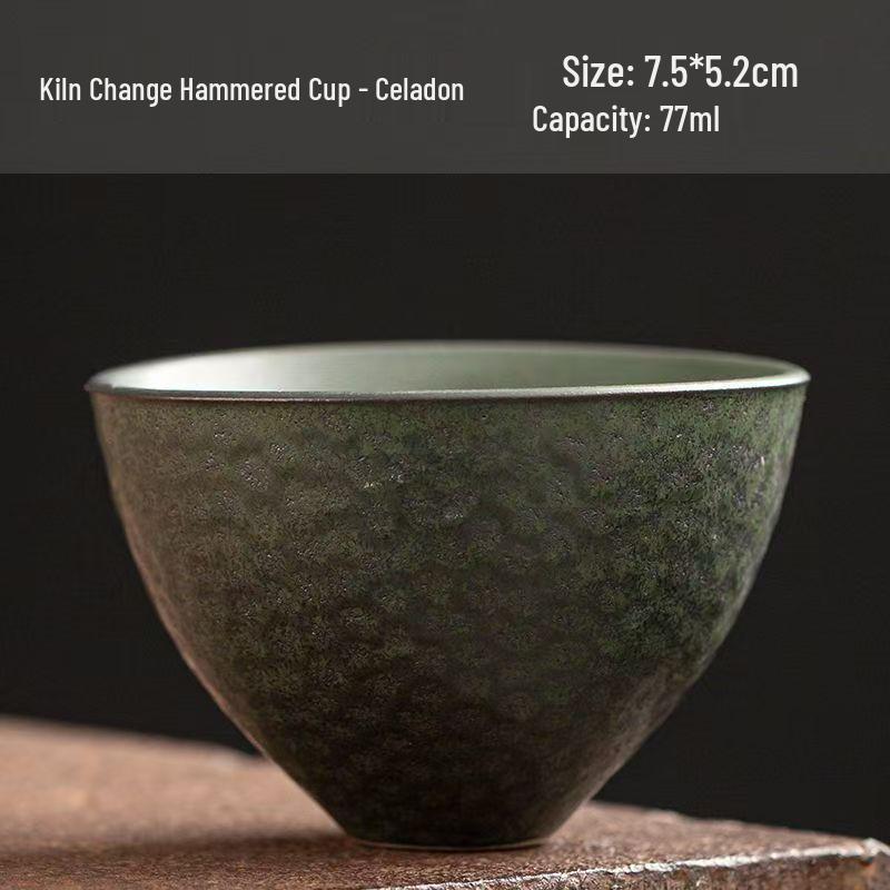 Handmade Jianzhan Coarse Pottery Teacup Set with Hammered Pattern - Retro Ceramic Kung Fu Tea Cup & Coaster