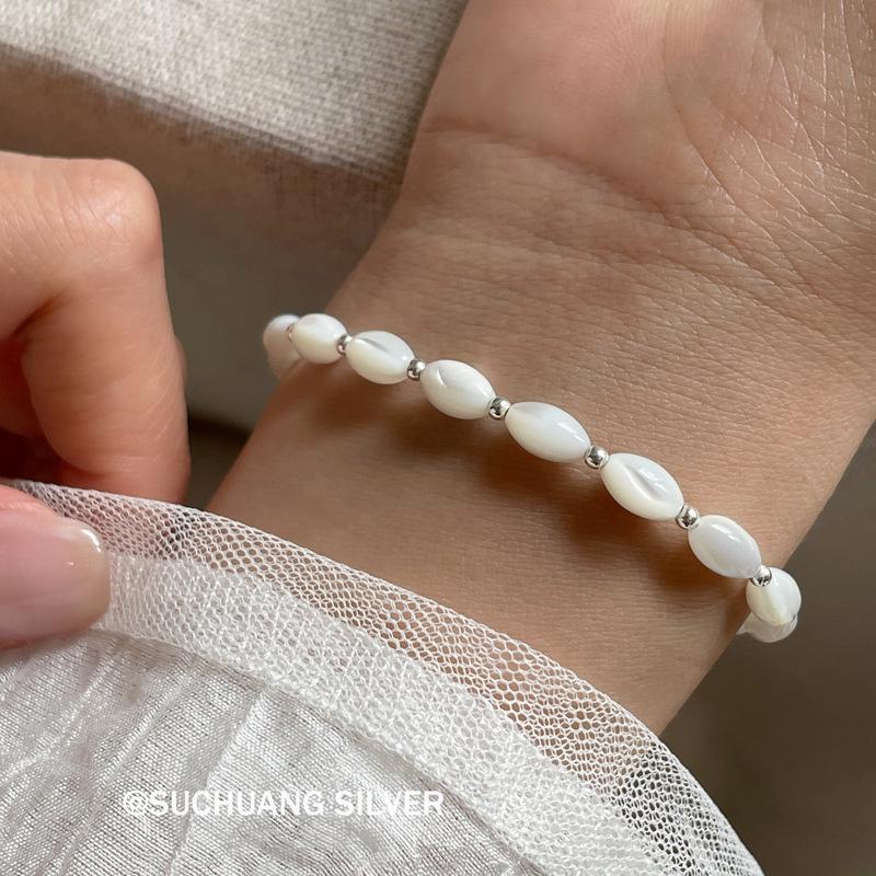Sterling Silver Red Enamel Heart Bracelet with White Mother-of-Pearl Beads - S925 Luxury Women s Fashion. 925 Sterling Silver
