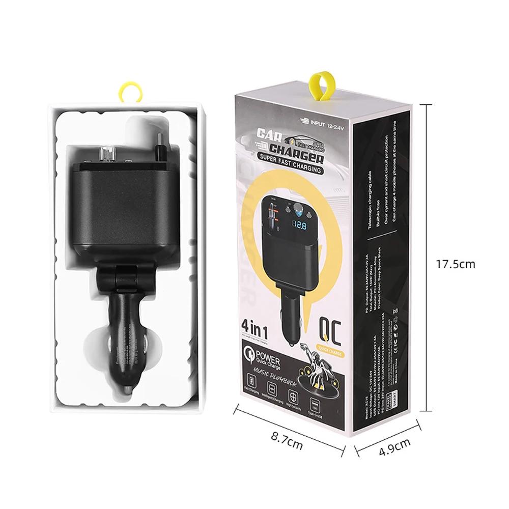 

3 IN 1 Dual USB PD QC3.0 Retractable Car Charger Bluetooth 5.0 Handsfree Call Wireless Car Kit FM Transmitter MP3 Music Player чёрный