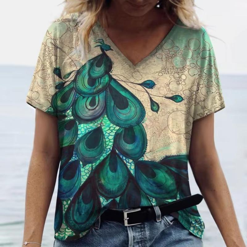 Summer V Neck Women T-Shirts 3D Print Peacock Feather Graphic Fashion Short Sleeve Harajuku Y2k Top Oversized Casual Female T Shirt