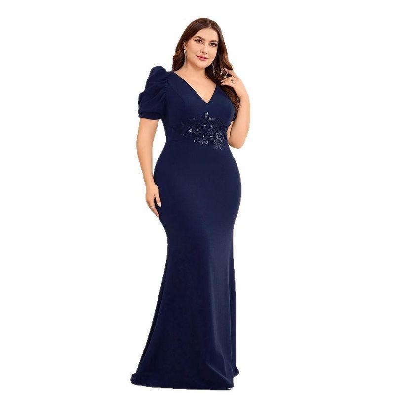 High-End Plus-Size Long Dress, New European and American Style Short-Sleeve Dress, Slim-Fit Mermaid Bridesmaid Evening Gown
