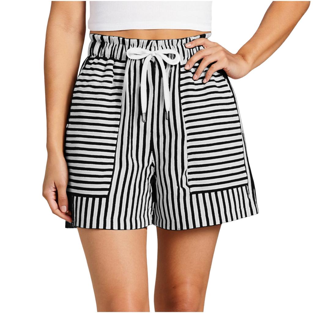 Modische Damen-Shorts im entspannten Schnitt mit Streifen, elastischem Bund mit Kordelzug und Taschen