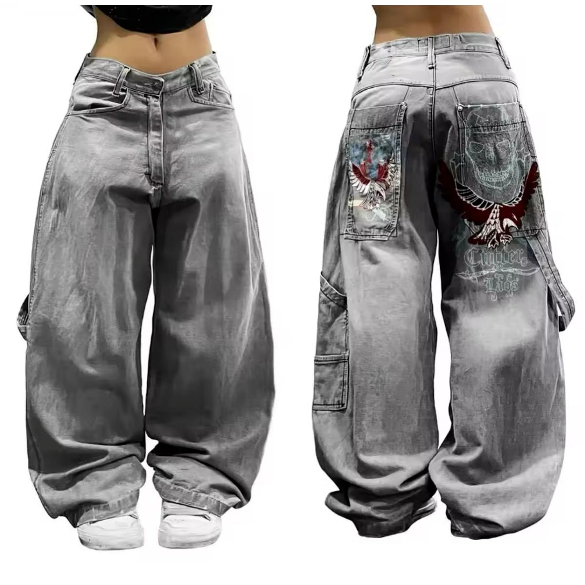 

RogueWave Брюки прямые с высокой посадкой, свободные, повседневные, в стиле ретро, джокер, Y2K, с синим леопардовым принтом, уличные, американские, широкие штанины XXL