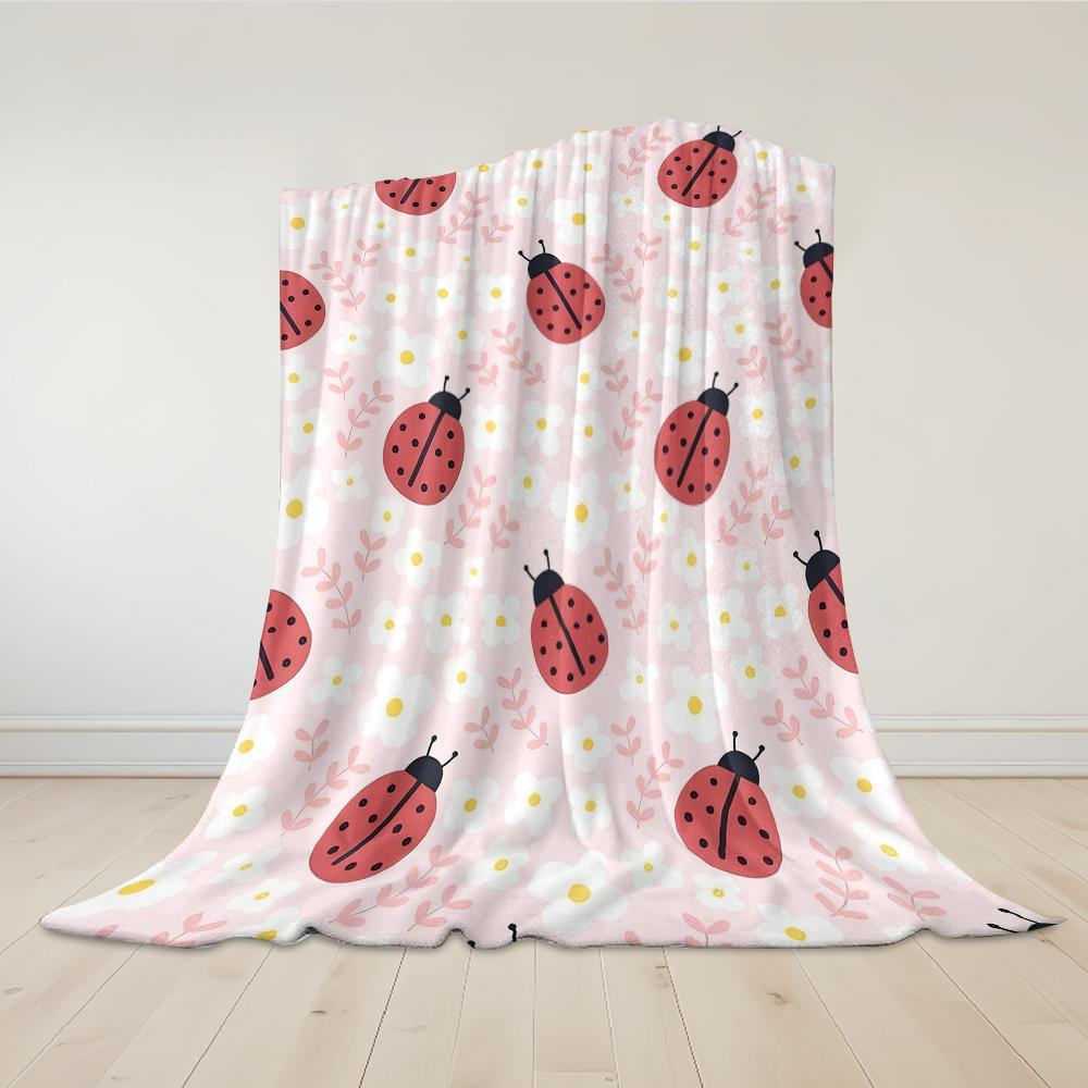 Ladybug & Florals Flannel Blanket Warm Soft Halloween Christmas Couch Warm Cozy Decorative Decor Gift for All Season