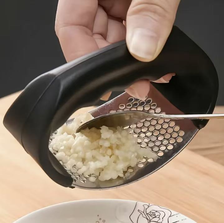 Stainless Steel Garlic Press - Easy Clean Durable Kitchen Gadget for Chopping Crushing Garlic Black